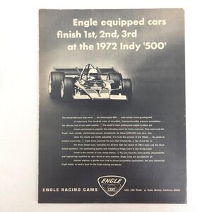 Vintage Engle Racing Cams Print Ad Indy 500 Auto Racing Advertising Promotional